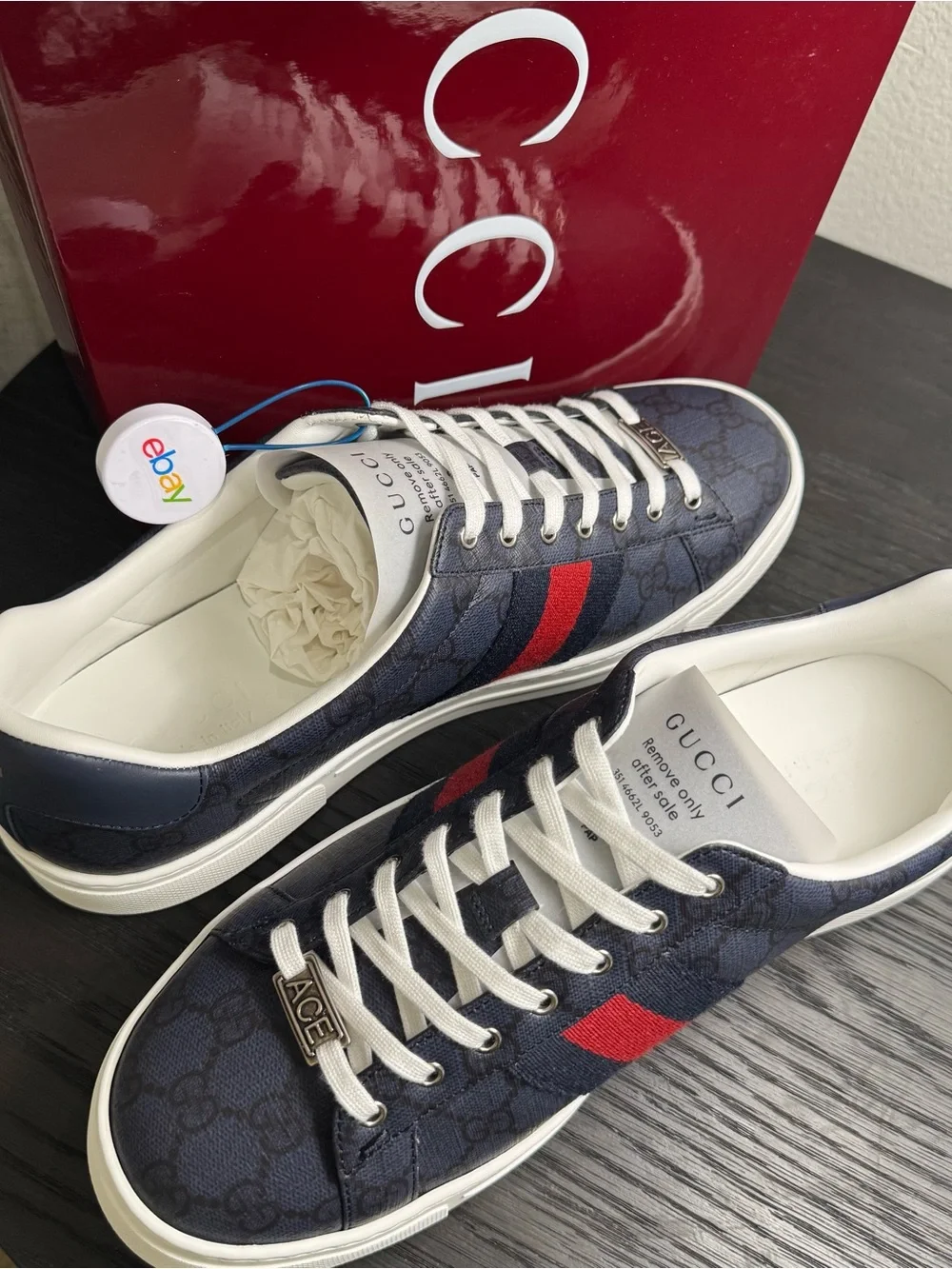 Gucci Ace Web Sneakers GG Monogram Navy 10.5